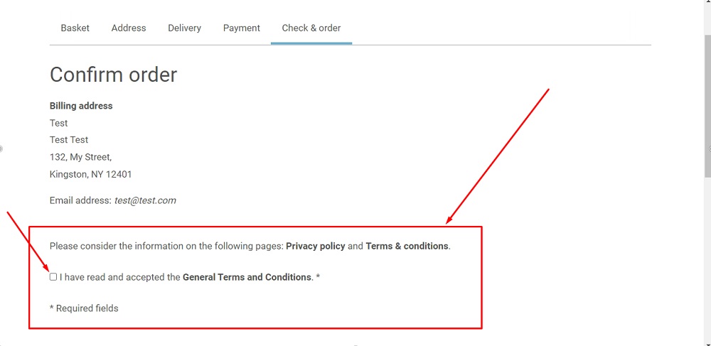 TermsFeed ePages: Checkout - Confirm order - Displayed information and the checkbox to accept legal agreements
