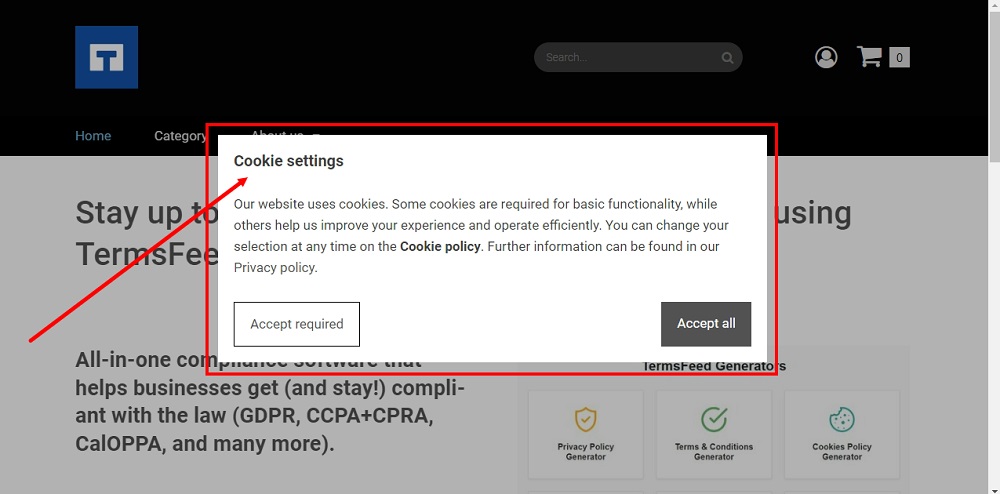 TermsFeed ePages: The cookie settings banner displayed