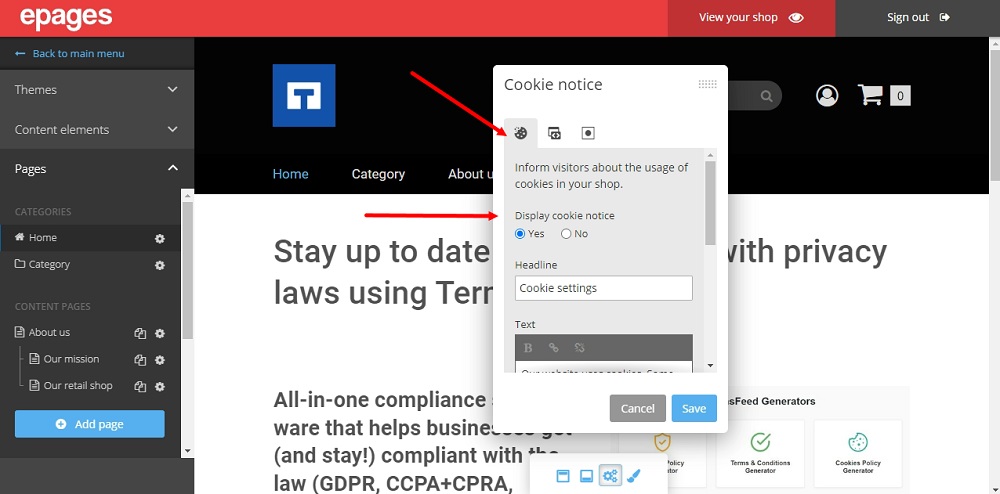 TermsFeed ePages: Dashboard - Editor - Gear icons - Cookie Notice - Display settings
