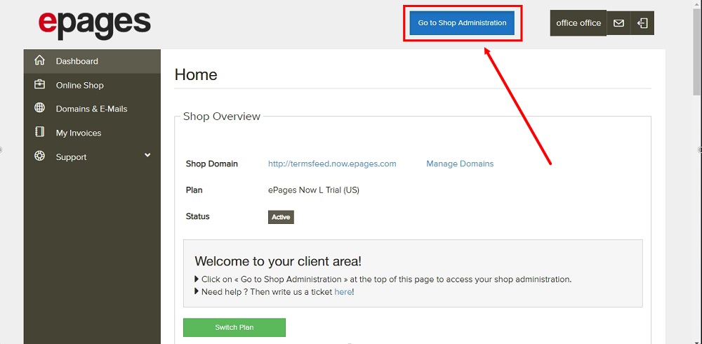 TermsFeed ePages: Dashboard with Go to Shop Administration button