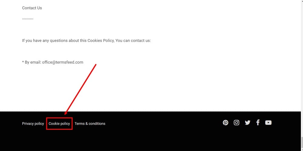TermsFeed ePages: Editor - Cookies Policy - page displayed and linked in the footer