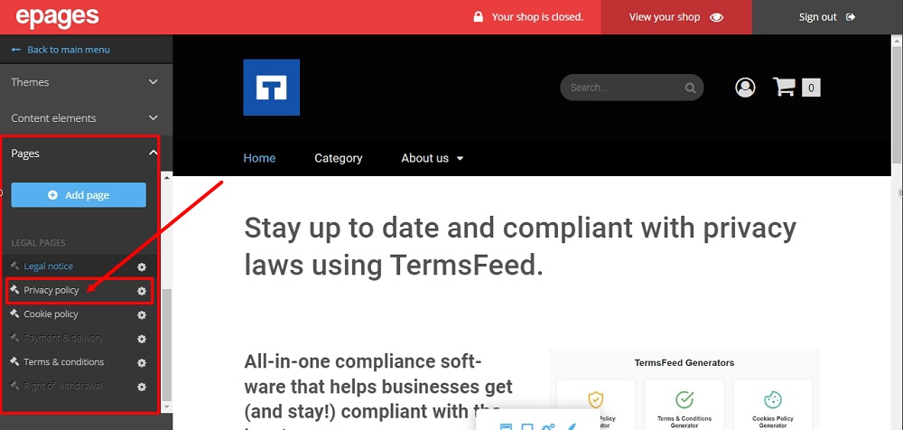 TermsFeed ePages: Editor - Legal Pages - Privacy Policy
