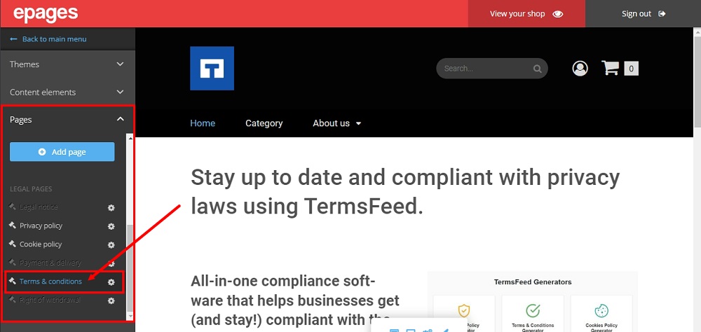 TermsFeed ePages: Editor - Legal Pages - Terms and Conditions