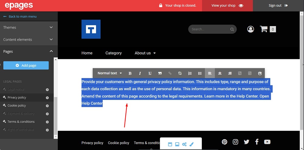 TermsFeed ePages: Editor - Privacy Policy - Delete the guide information