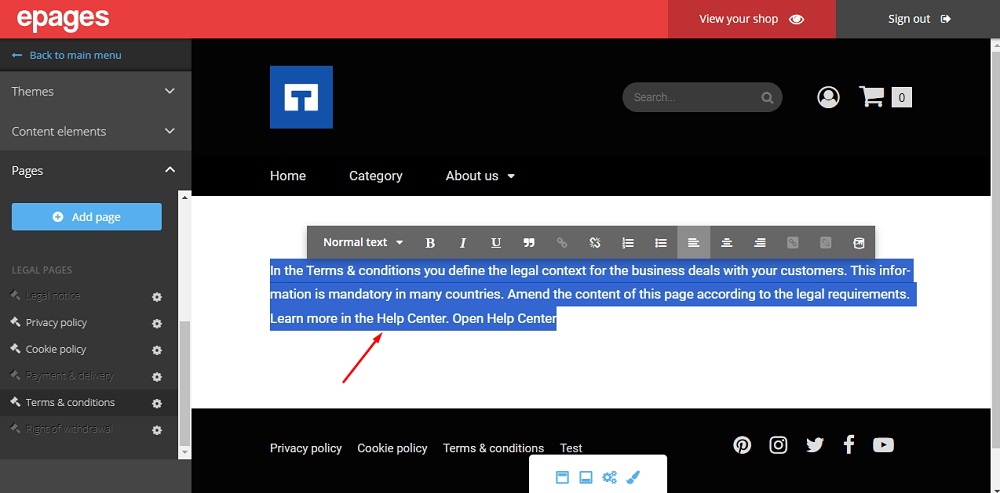 TermsFeed ePages: Editor - Terms and Conditions - Delete the guide information