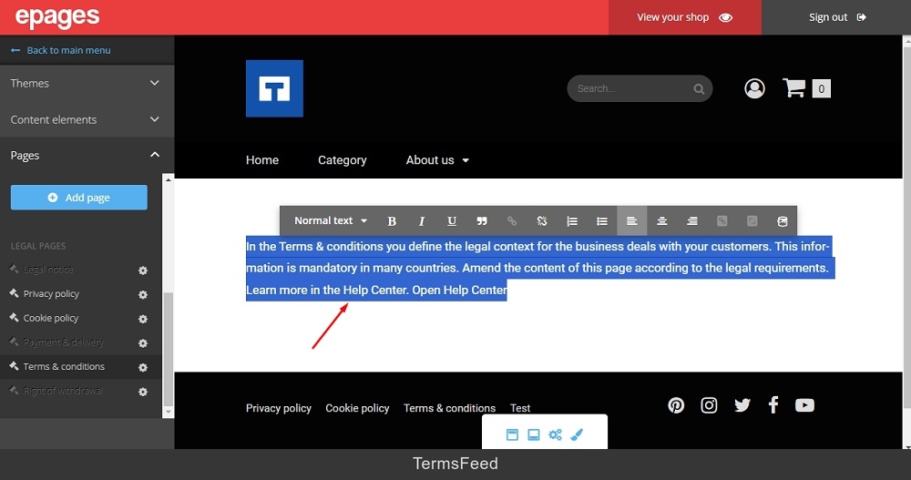 TermsFeed ePages: Editor - Terms and Conditions - Delete the guide information