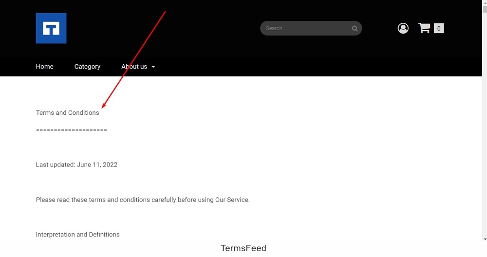 TermsFeed ePages: Editor - Terms and Conditions - page displayed