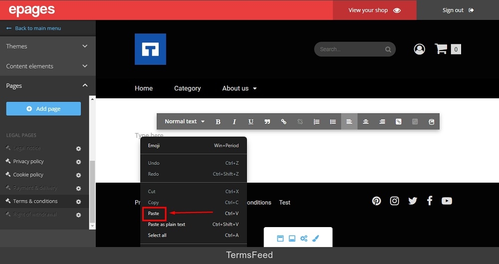 TermsFeed ePages: Editor - Terms and Conditions - paste