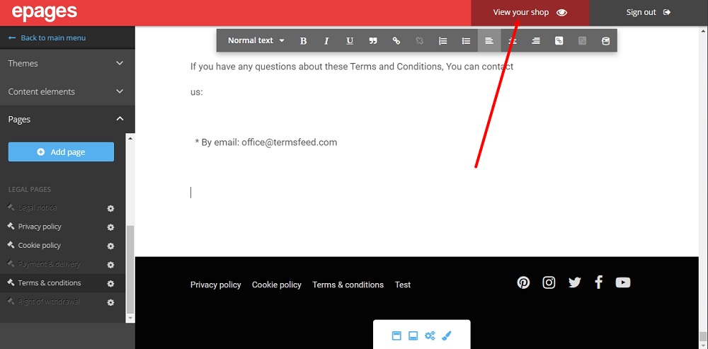 TermsFeed ePages: Editor - Terms and Conditions - pasted - View your Shop