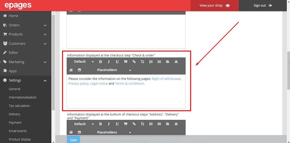 TermsFeed ePages: Settings - Checkout -Custom Texts tab - Edit info displayed