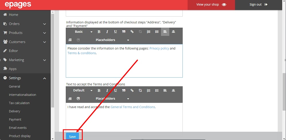 TermsFeed ePages: Settings - Checkout -Custom Texts tab - Edited info displayed - Save