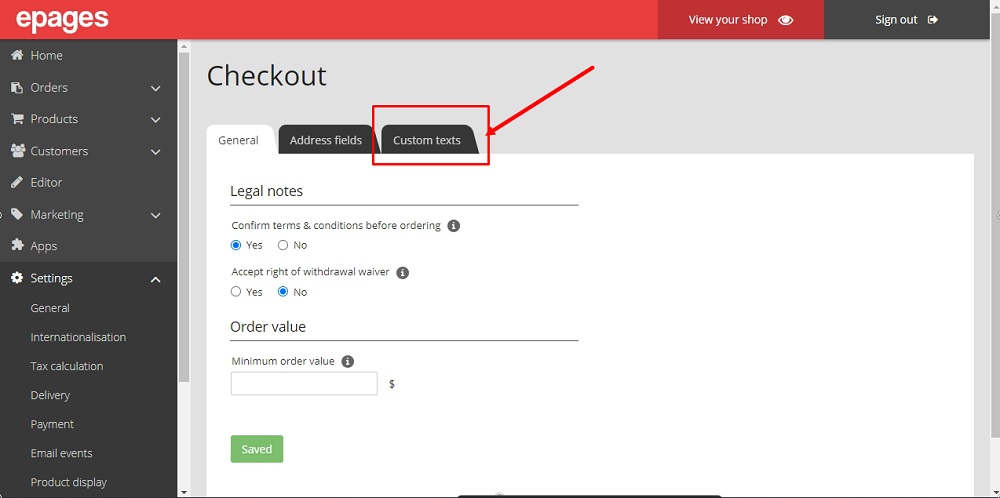 TermsFeed ePages: Settings - Checkout - General and Custom Texts tab