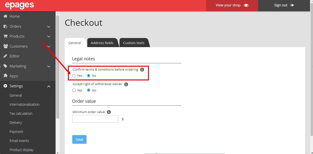 TermsFeed ePages: Settings - Checkout - Legal Notes - select Yes for Confirm terms and conditions before ordering