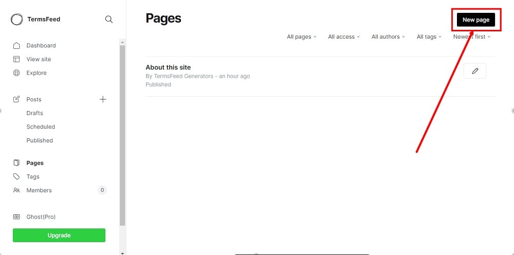 TermsFeed Ghost - Dashboard - Pages - New Page