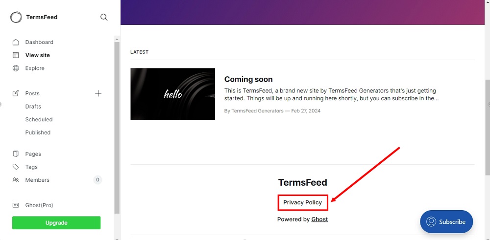 TermsFeed Ghost - Editor Preview - Privacy Policy page linked in the secondary navigation