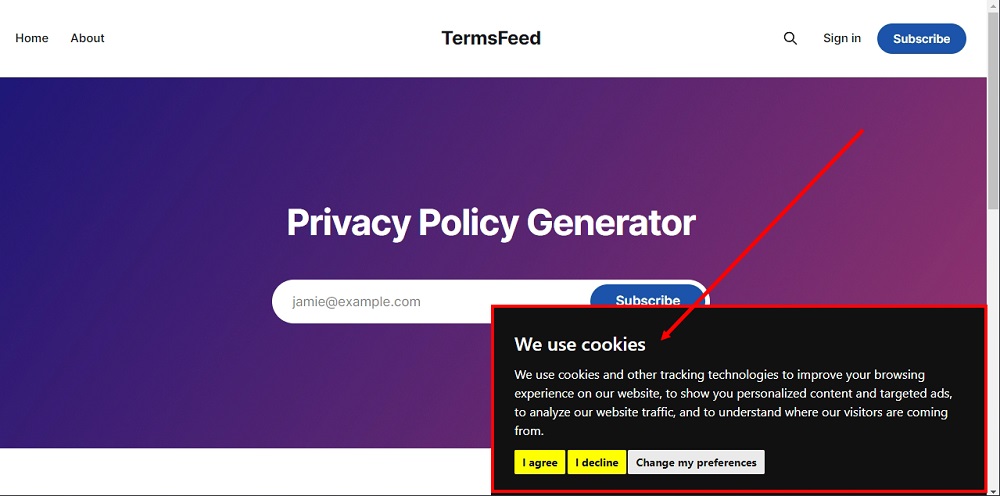 TermsFeed Ghost - Live site with the Cookie Consent Notice Banner displayed