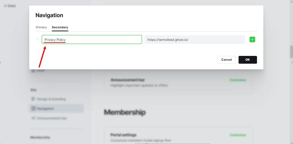 TermsFeed Ghost - Navigation - Customize - Secondary tab - Name new item - Privacy Policy