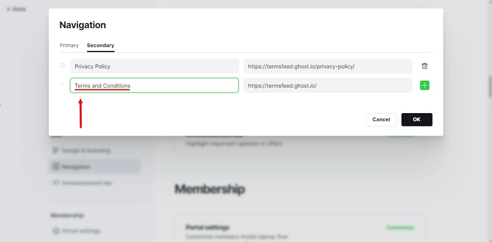TermsFeed Ghost - Navigation - Customize - Secondary tab - Name new item - Terms and Conditions