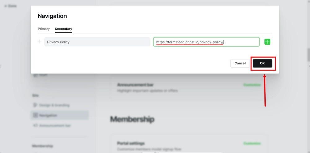 TermsFeed Ghost - Navigation - Customize - Secondary tab - Privacy Policy - Live link added - OK