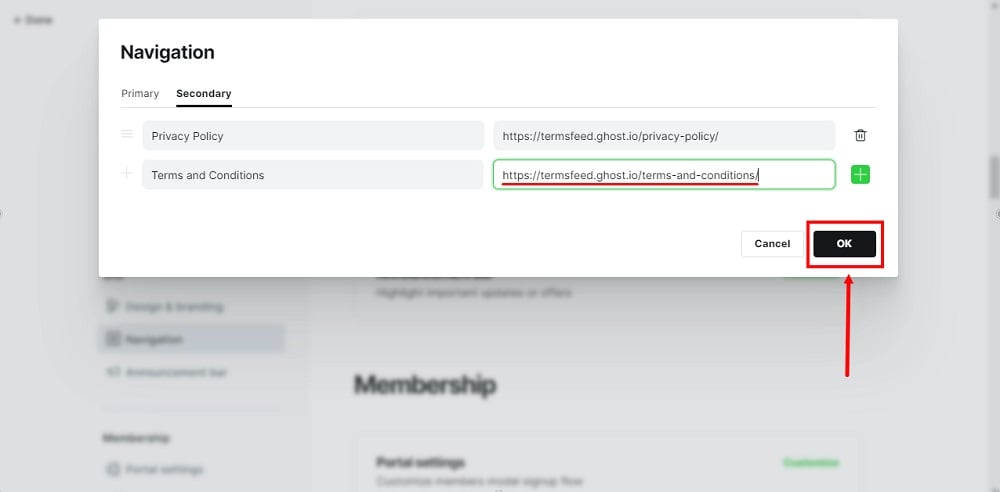 TermsFeed Ghost - Navigation - Customize - Secondary tab - Terms and Conditions - Live link added - OK