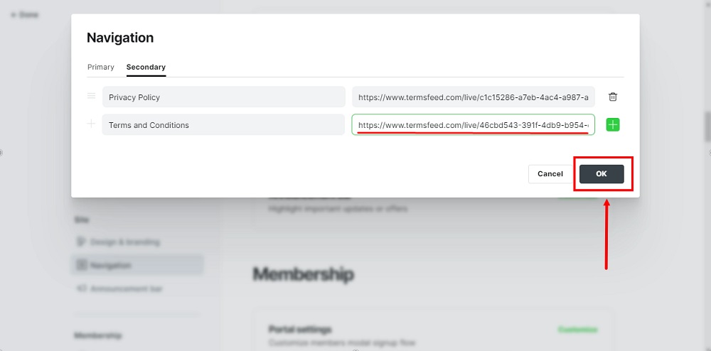 TermsFeed Ghost - Navigation - Customize - Secondary tab - Terms and Conditions URL added - OK