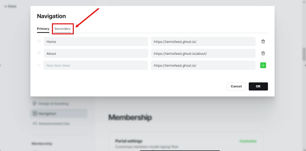 TermsFeed Ghost - Navigation - Customize - Secondary tab