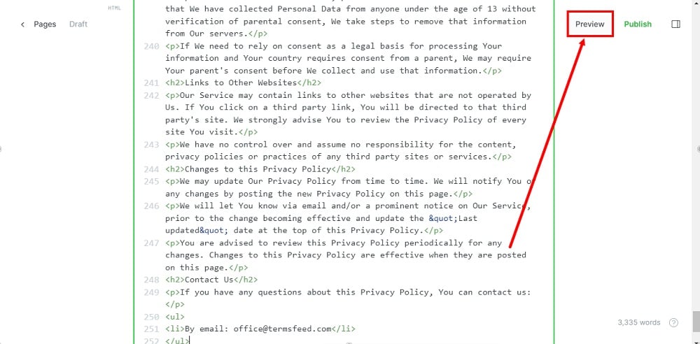 TermsFeed Ghost - Pages - New Page - Privacy Policy - Add HTML - pasted - Preview highlighted