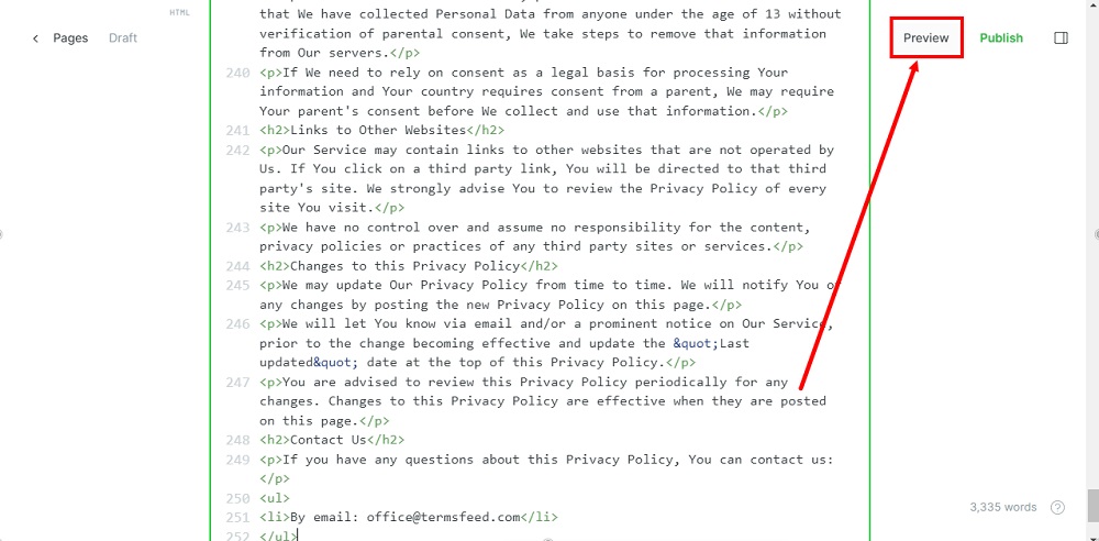 TermsFeed Ghost - Pages - New Page - Privacy Policy - Add HTML - pasted - Preview highlighted