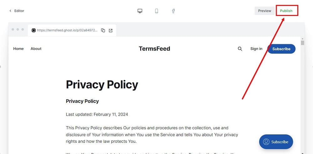 TermsFeed Ghost - Pages - New Page - Privacy Policy - Add HTML - pasted - Preview - Publish highlighted
