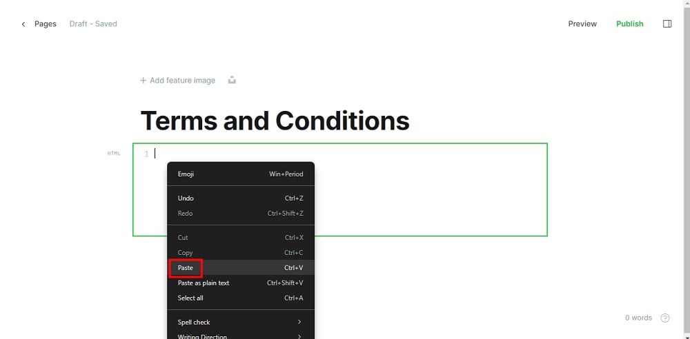 TermsFeed Ghost - Pages - New Page - Terms and Conditions - Add HTML - paste
