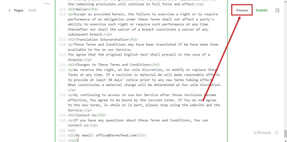 TermsFeed Ghost - Pages - New Page - Terms and Conditions - Add HTML - pasted - Preview highlighted