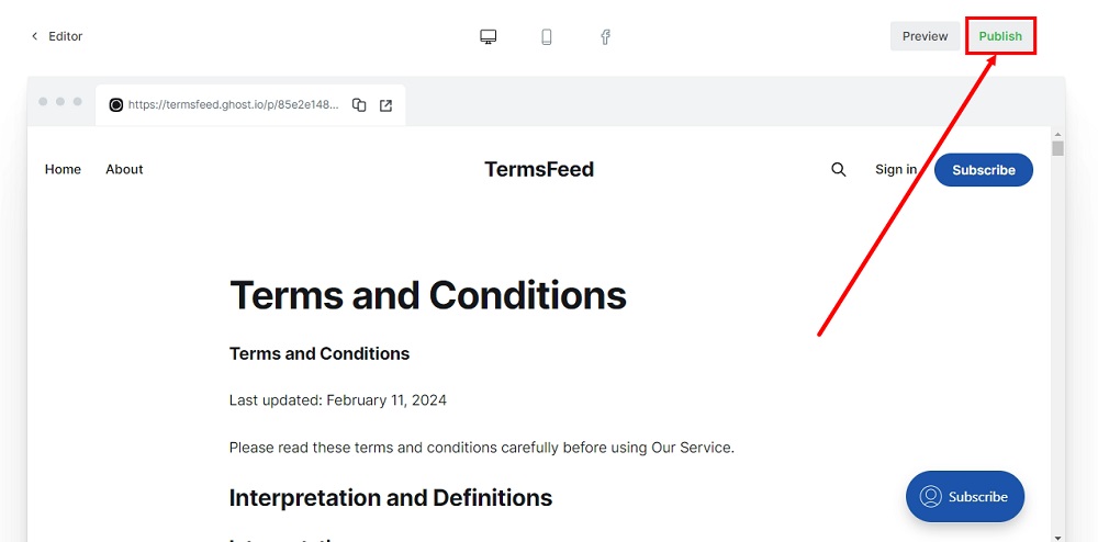 TermsFeed Ghost - Pages - New Page - Terms and Conditions - Add HTML - pasted - Preview - Publish highlighted