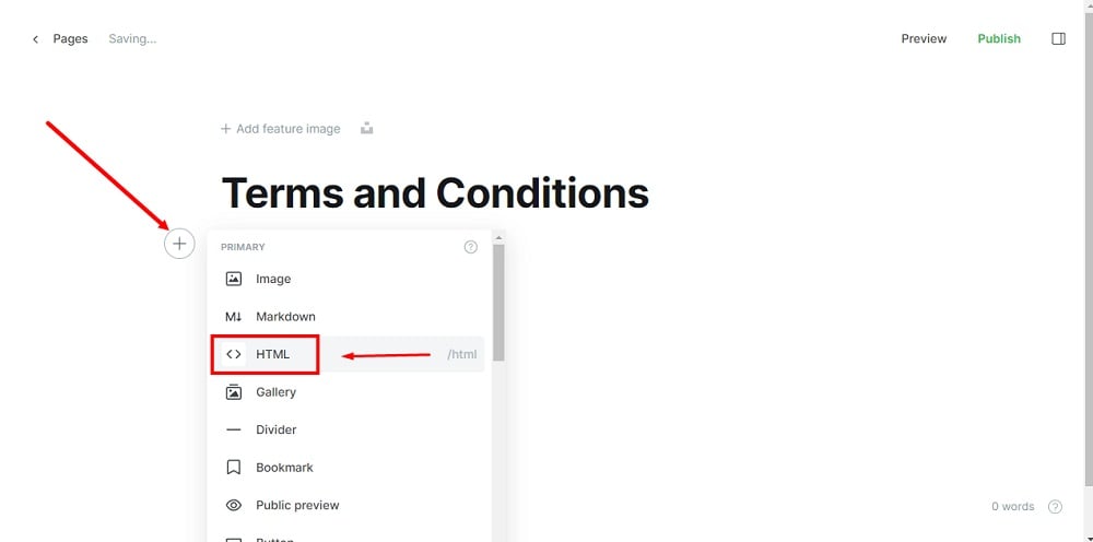 TermsFeed Ghost - Pages - New Page - Terms and Conditions - Add HTML