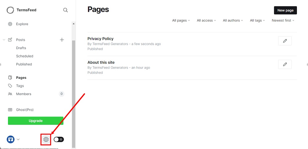 TermsFeed Ghost - Pages - Settings selected