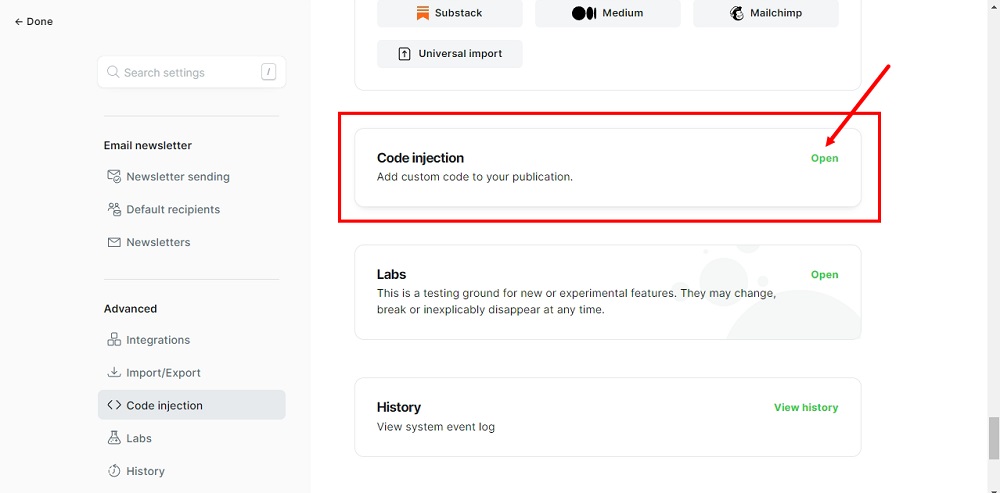 TermsFeed Ghost - Settings - Advanced - Code injection - Open