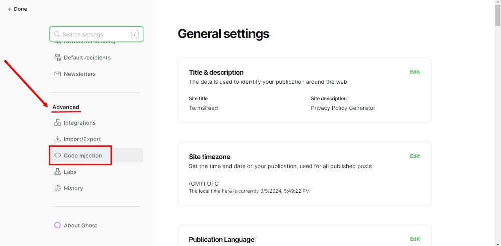 TermsFeed Ghost - Settings - Advanced - Code injection