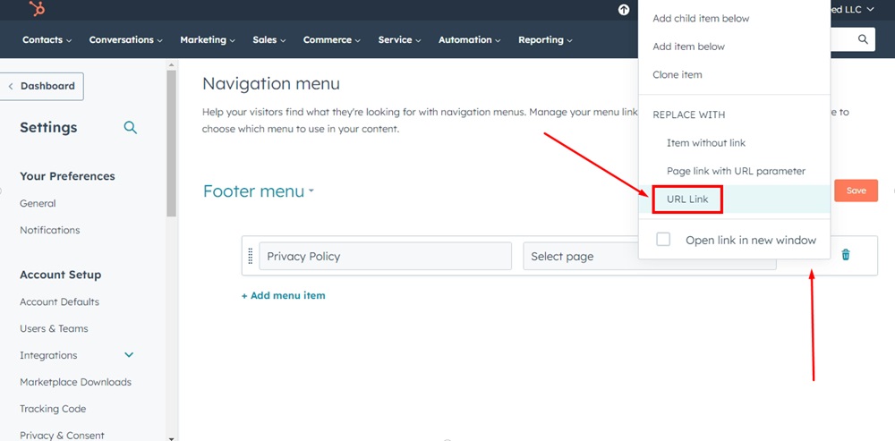 TermsFeed HubSpot - Advanced Menus - Footer menu - Add menu item - Privacy Policy - Actions - URL Link highlighted