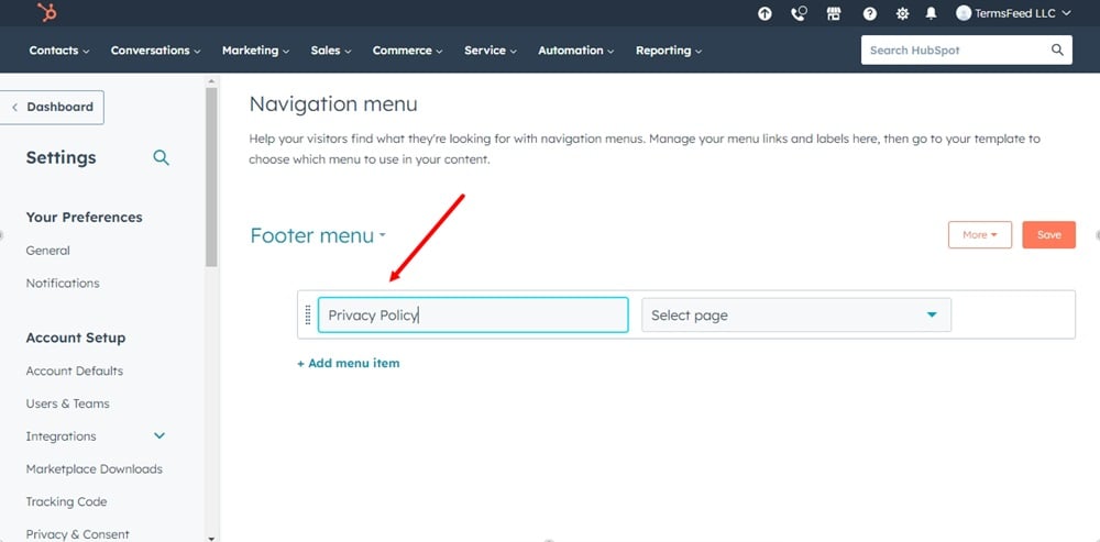 TermsFeed HubSpot - Advanced Menus - Footer menu - Add menu item - Privacy Policy highlighted