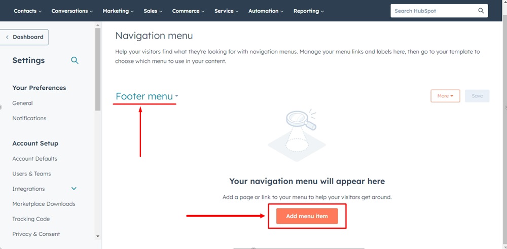 TermsFeed HubSpot - Advanced Menus - Navigation menus - Footer menu - Add menu item button highlighted