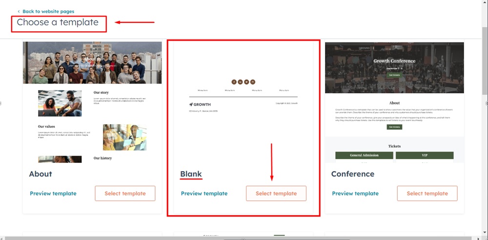 TermsFeed HubSpot - Create Website page - Select a template - Blank -  highlighted
