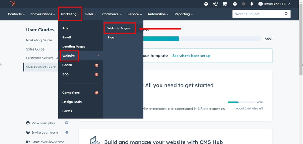 TermsFeed HubSpot - Dashboard - Marketing - Website - Website Pages highlighted