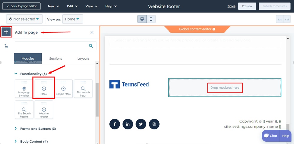 TermsFeed HubSpot - Home page - Footer - Edit global content - Add Menu Module - drag and drop highlighted