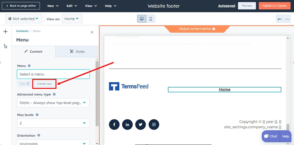 TermsFeed HubSpot - Home page - Footer - Edit global content - Menu added- Content - Create new option highlighted