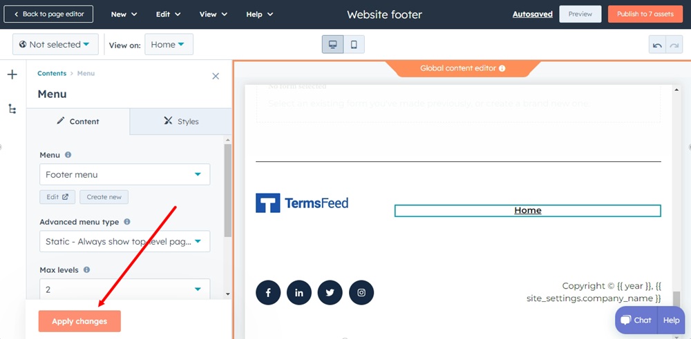 TermsFeed HubSpot - Home page - Footer - Edit global content - Menu added- Content - Footer menu - Apply changes highlighted