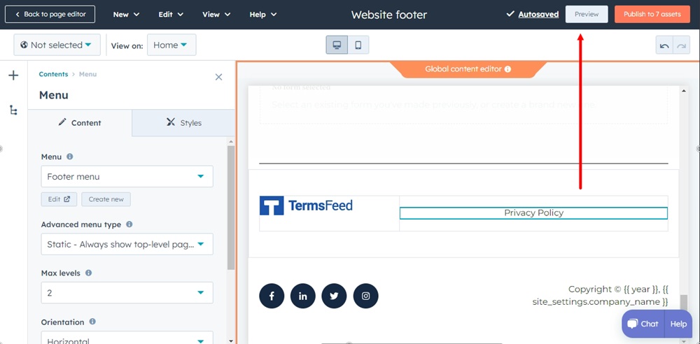 TermsFeed HubSpot - Home page - Footer - Edit global content - Menu added- Content - Footer menu - Preview highlighted