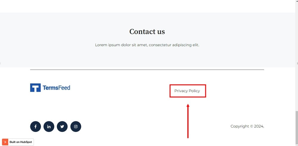 TermsFeed HubSpot - Home page - Footer - Live Preview - Privacy Policy URL linked and displayed