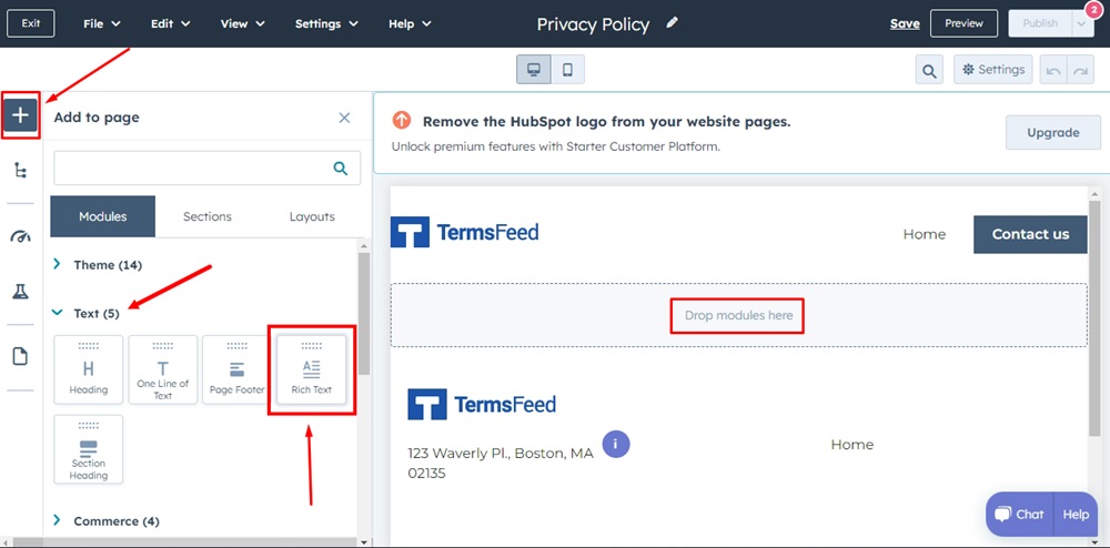 TermsFeed HubSpot - The Privacy Policy page editor - Add Module Rich Text and drag and drop it on the page highlighted