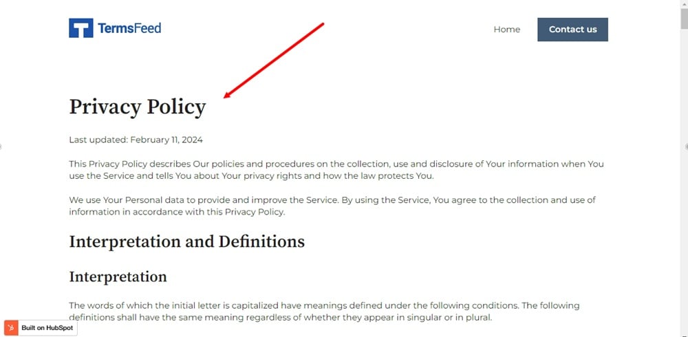 TermsFeed HubSpot - The Privacy Policy page -  Preview - Live site display