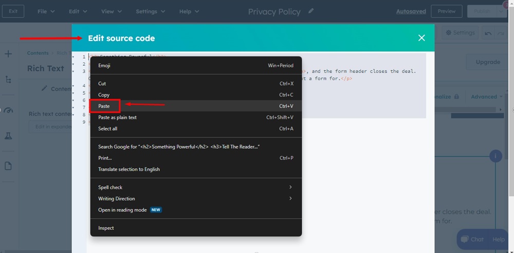 TermsFeed HubSpot - The Privacy Policy page editor - Rich Text - Advanced - Source code editor - Paste HTML