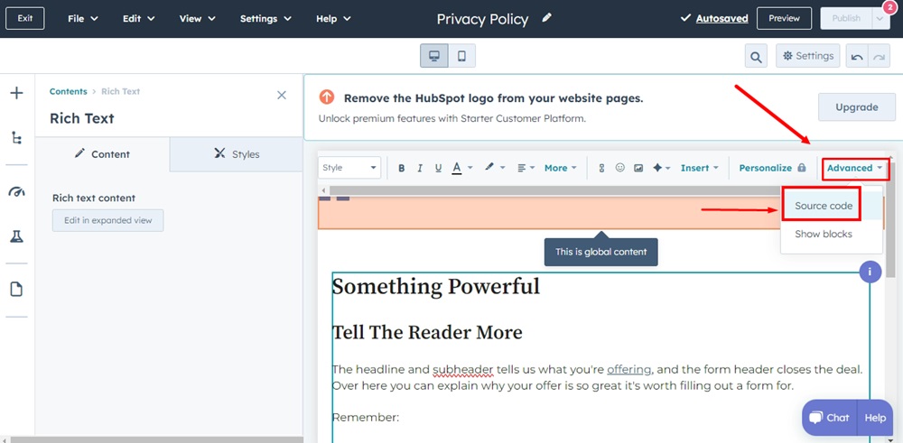 TermsFeed HubSpot - The Privacy Policy page editor - Rich Text - Advanced - Source code option highlighted